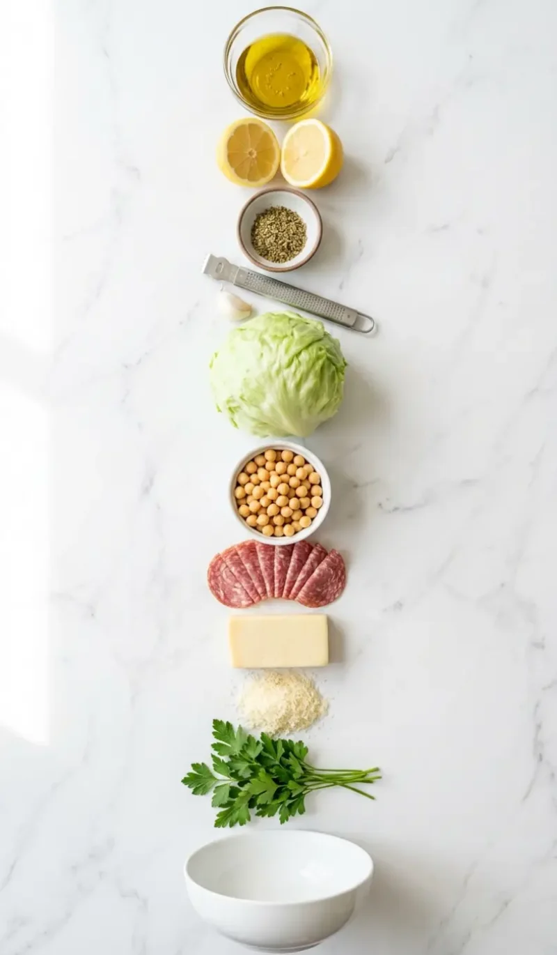 Exploded view of all 11 ingredients for La Scala Chopped Salad arranged vertically on white marble