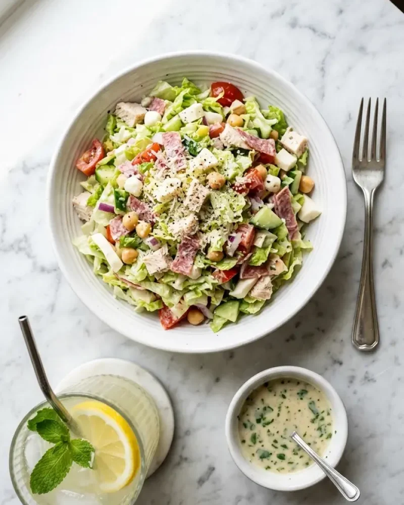Overhead view of La Scala Chopped Salad with lemonade and extra dressing