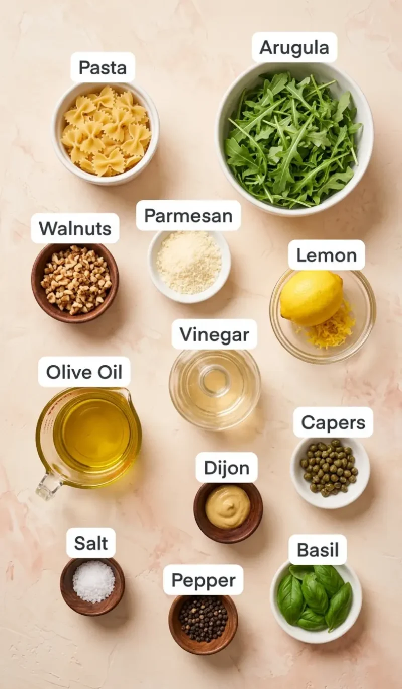 Labelled overhead flatlay of all 12 ingredients for Lemon Arugula Pasta Salad on a cream and blush plaster surface, each ingredient named
