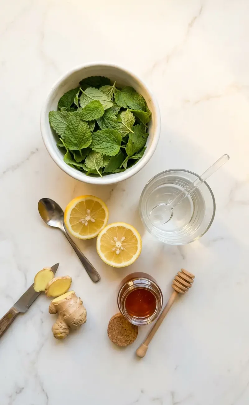 Overhead flatlay of all lemon balm tea ingredients in white bowls on white marble surface