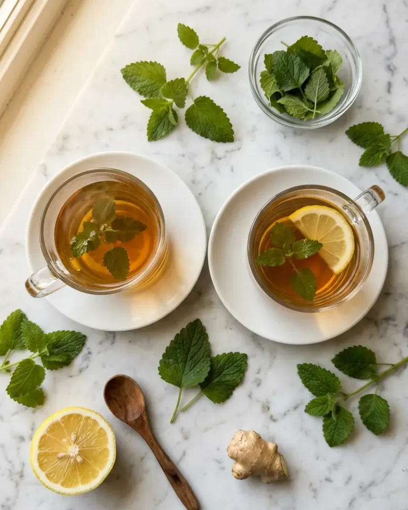 Overhead view of two mugs of lemon balm for weight loss tea ready to serve on white marble
