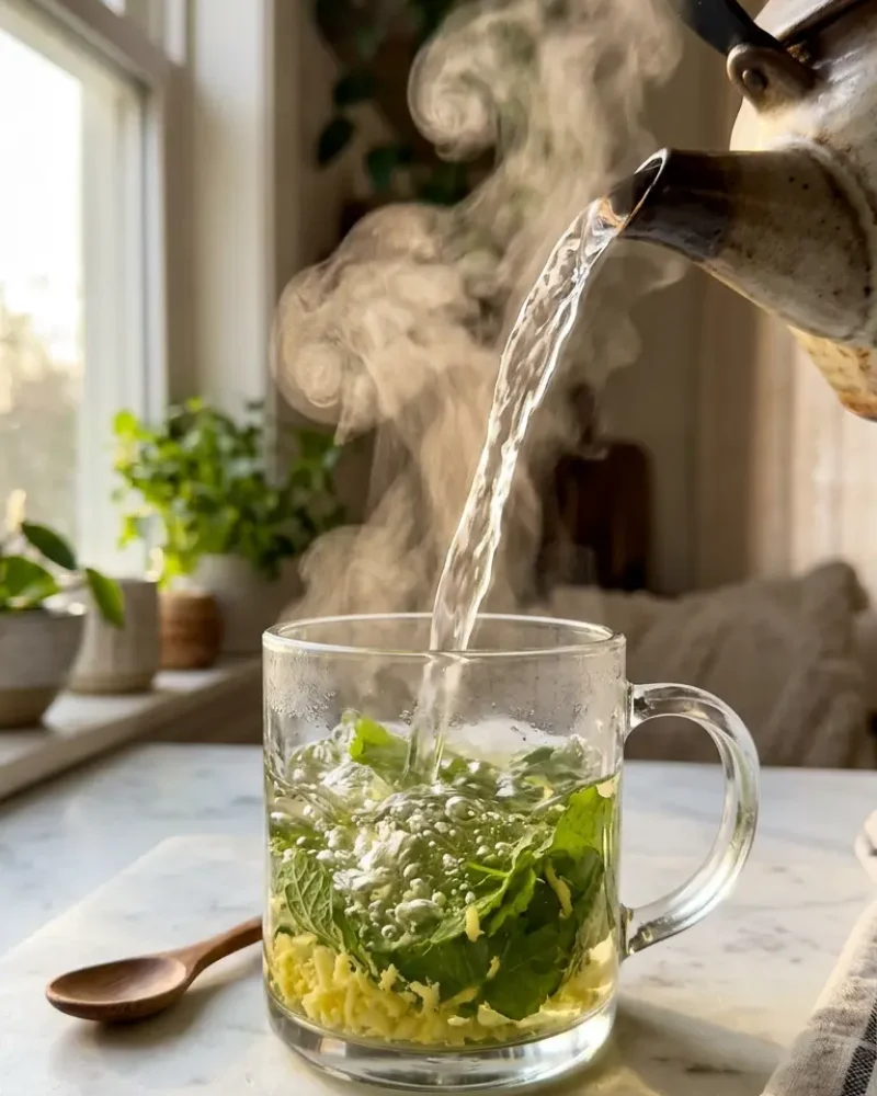 Boiling water being poured over fresh lemon balm leaves during tea preparation