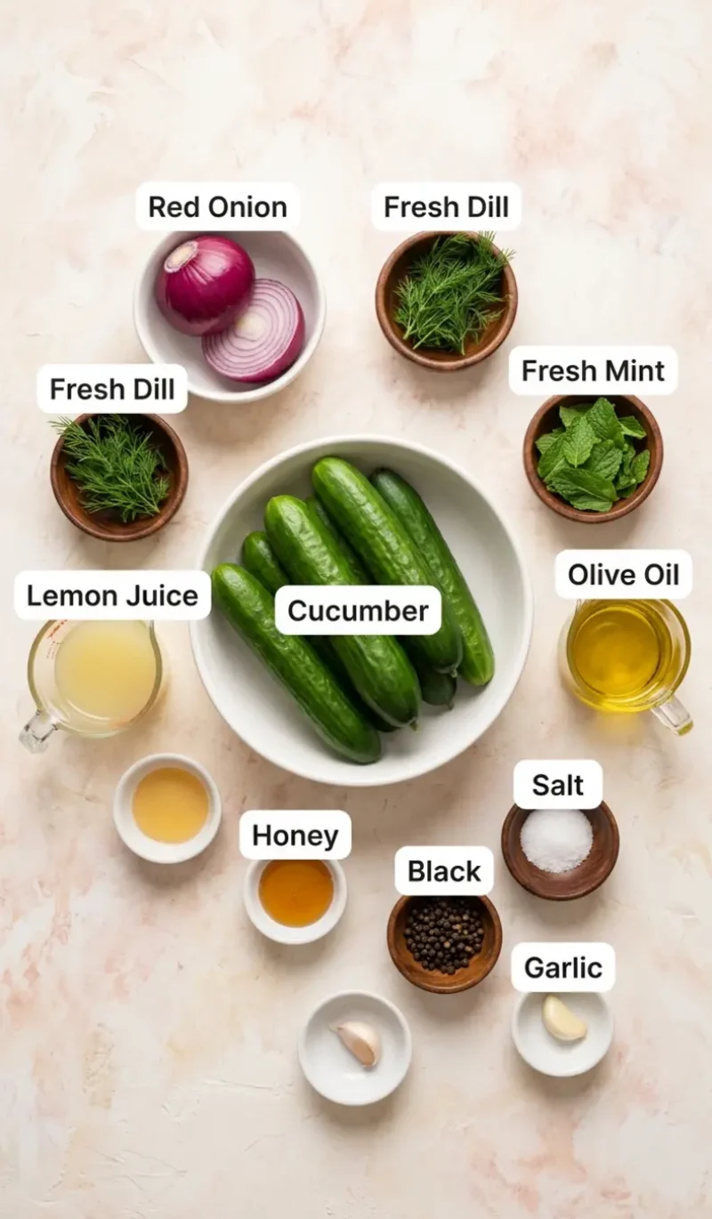 Labelled overhead flatlay of all 10 ingredients for lemony herb cucumber salad on a cream and blush plaster surface, each ingredient named
