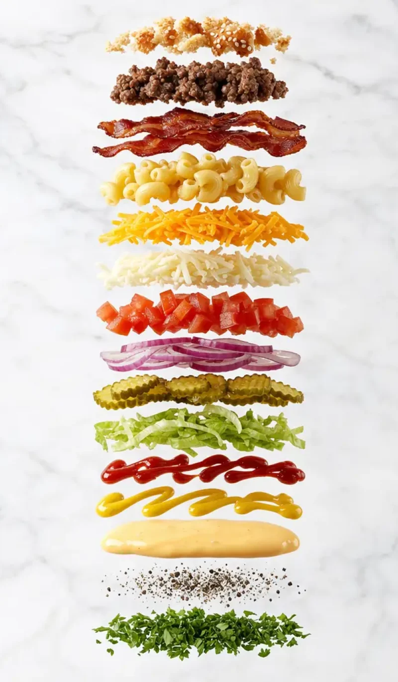 Exploded view of all 15 ingredients for Loaded Bacon Cheeseburger Pasta arranged vertically on white marble