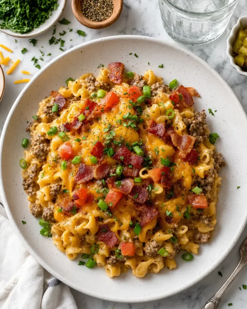 Overhead view of Loaded Bacon Cheeseburger Pasta with bacon toppings and fresh parsley