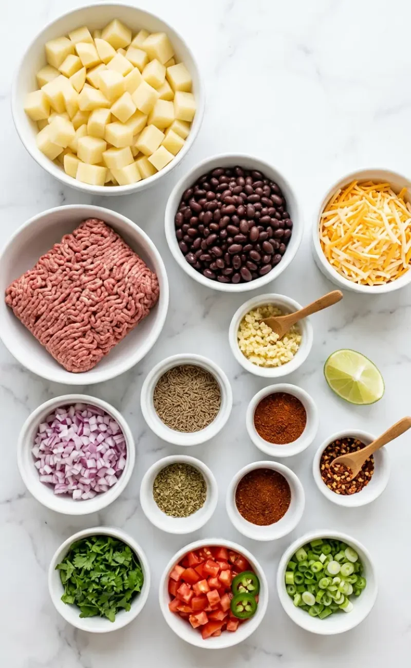 Exploded view of all ingredients for loaded potato taco bowl arranged vertically