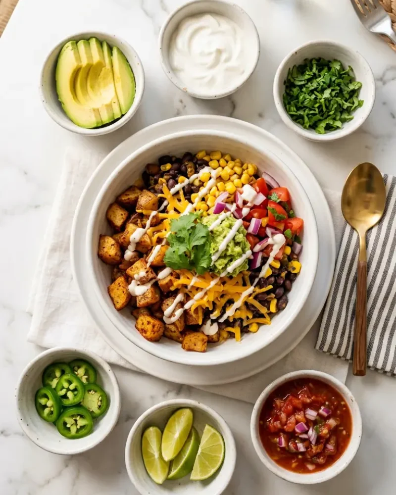 Overhead view of loaded potato taco bowl with all toppings and sides