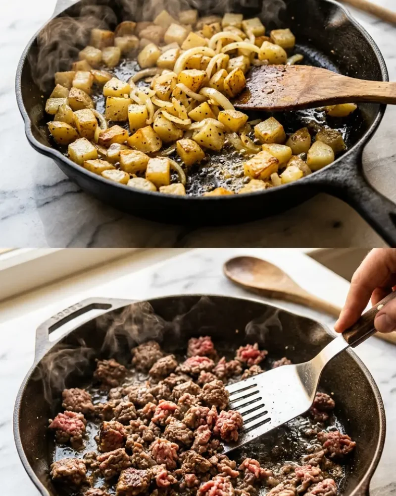 Potatoes crisping up in skillet during loaded potato taco bowl preparation