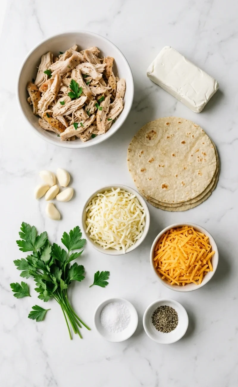 Overhead flat-lay of all raw ingredients for Low Carb Cheesy Garlic Chicken Wraps on a white marble surface including shredded chicken, cream cheese, mozzarella, cheddar, garlic, parsley, and low-carb tortillas.