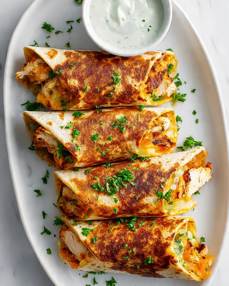 Overhead view of four sliced Low Carb Cheesy Garlic Chicken Wraps on a white ceramic platter showing gooey cheese and garlic chicken filling with a small bowl of garlic aioli on the side.