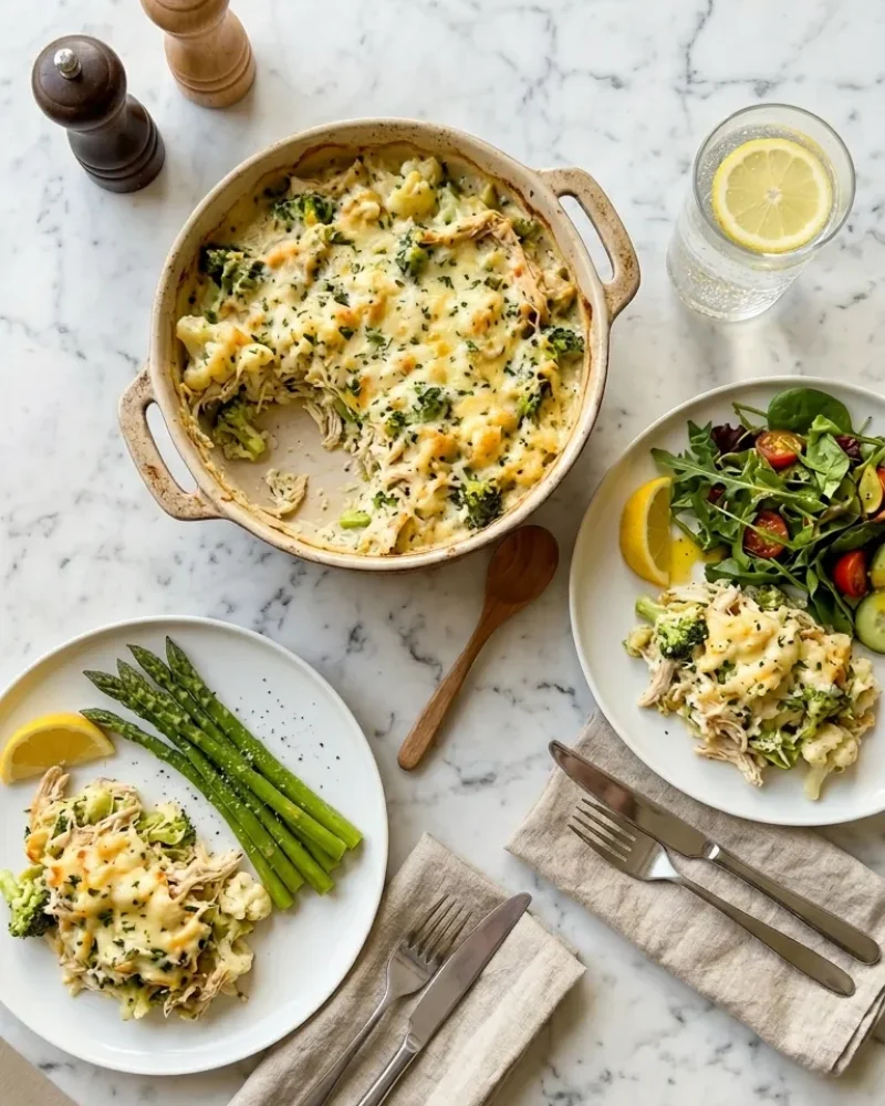 Overhead view of low carb chicken casserole dinner spread with salad, asparagus, and sparkling water on white marble.
