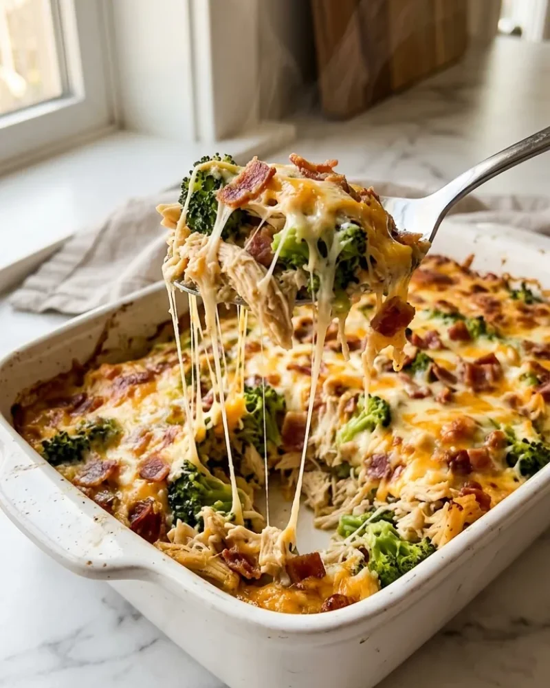 Spoon scooping a cheesy portion of low carb chicken casserole with stretchy melted cheese, broccoli, and chicken visible.