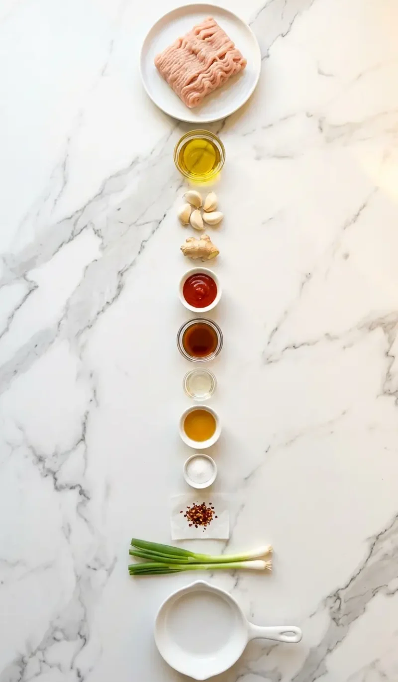 Exploded view of all 12 ingredients for low carb firecracker ground chicken arranged vertically on white marble