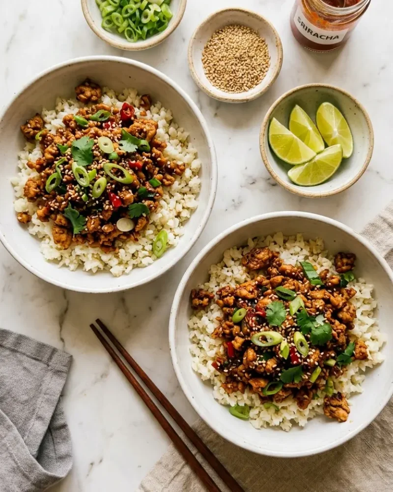 overhead view of low carb firecracker ground chicken bowls with cauliflower rice and garnishes