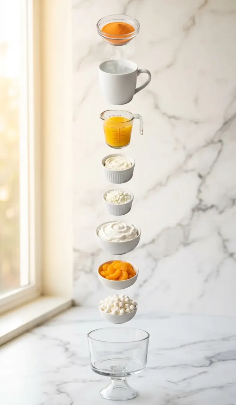 All 8 ingredients for Mandarin Orange Jello Salad arranged vertically on white marble