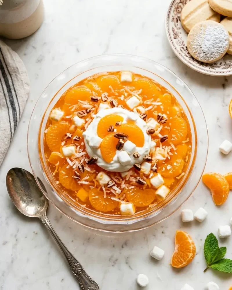overhead view of Mandarin Orange Jello Salad with cookies and orange slices on white marble