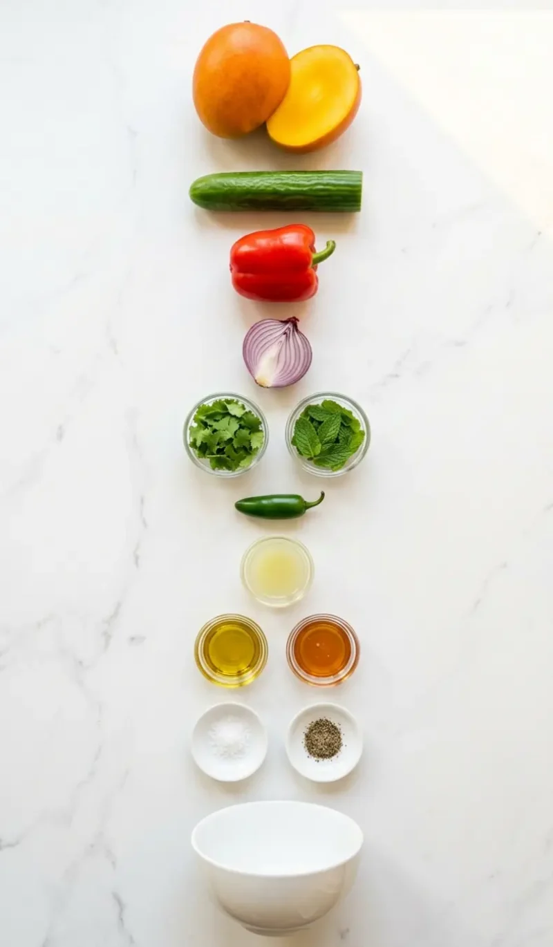 all 12 ingredients for mango salad arranged vertically on white marble