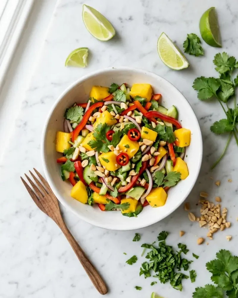 overhead view of mango salad with lime wedges and fresh herbs
