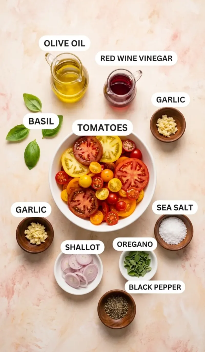 all 9 ingredients for marinated tomatoes salad arranged on a cream and blush plaster surface, each ingredient named