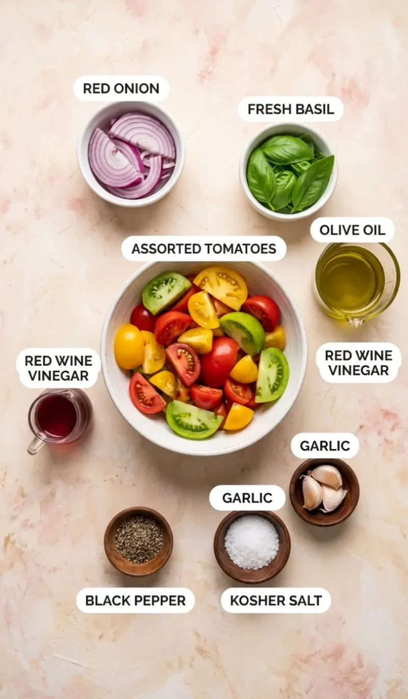 all 8 ingredients for marinated tomatoes salad arranged on a cream and blush plaster surface
