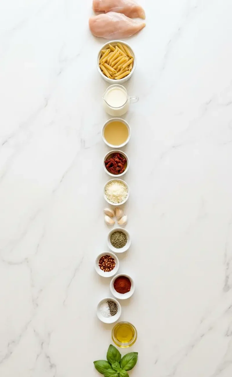 Exploded view of all 13 ingredients for Marry Me Chicken Pasta arranged vertically on white marble