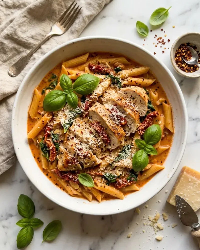 Overhead view of Marry Me Chicken Pasta in white bowl with sides and garnishes on white marble
