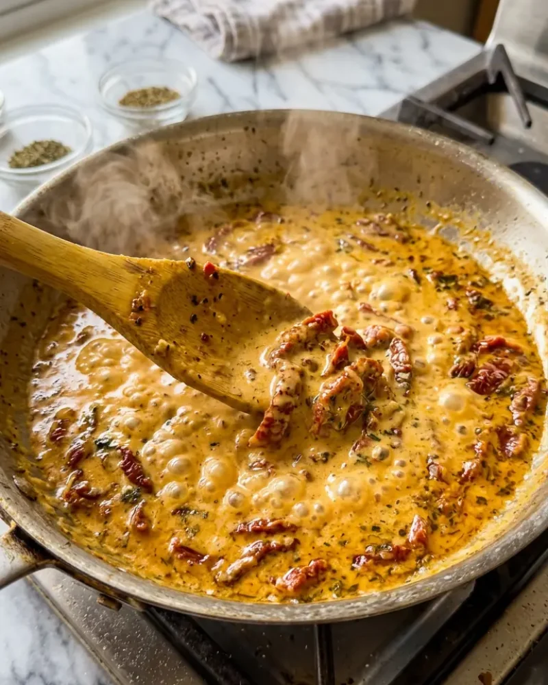 Creamy sun-dried tomato sauce simmering in skillet during Marry Me Chicken Pasta preparation