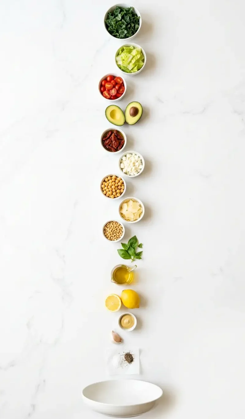 Exploded view of all 15 ingredients for Marry Me Salad arranged vertically on white marble