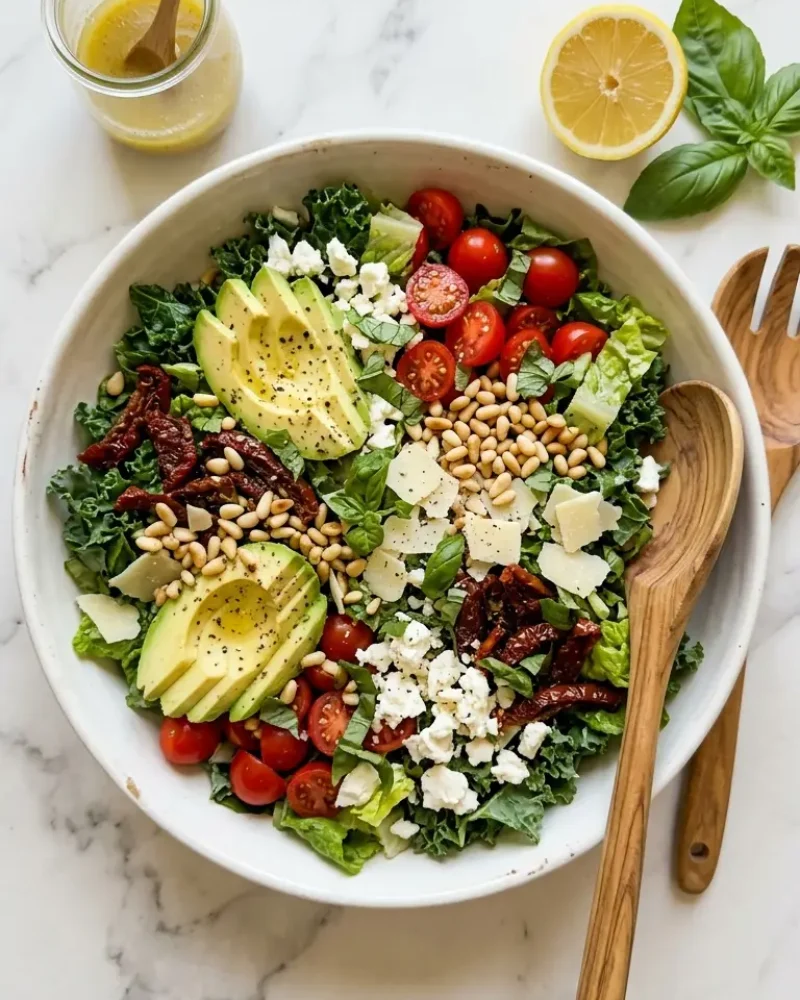 Overhead view of Marry Me Salad in a large white ceramic bowl with lemon dressing and serving spoons