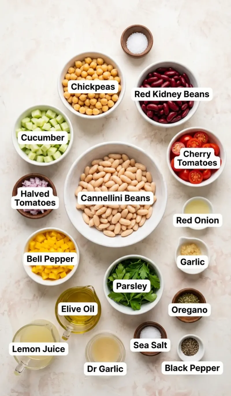 Labelled overhead flatlay of all 14 ingredients for Mediterranean bean salad on a cream and blush plaster surface, each ingredient named
