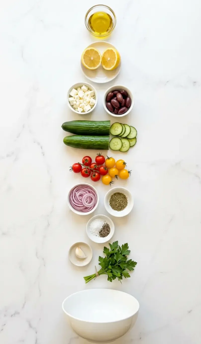Exploded view of all 12 ingredients for Mediterranean cucumber tomato salad arranged vertically on white marble