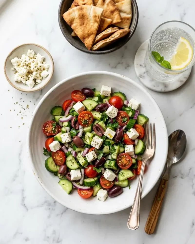 Overhead view of Mediterranean cucumber tomato salad with pita and lemon water