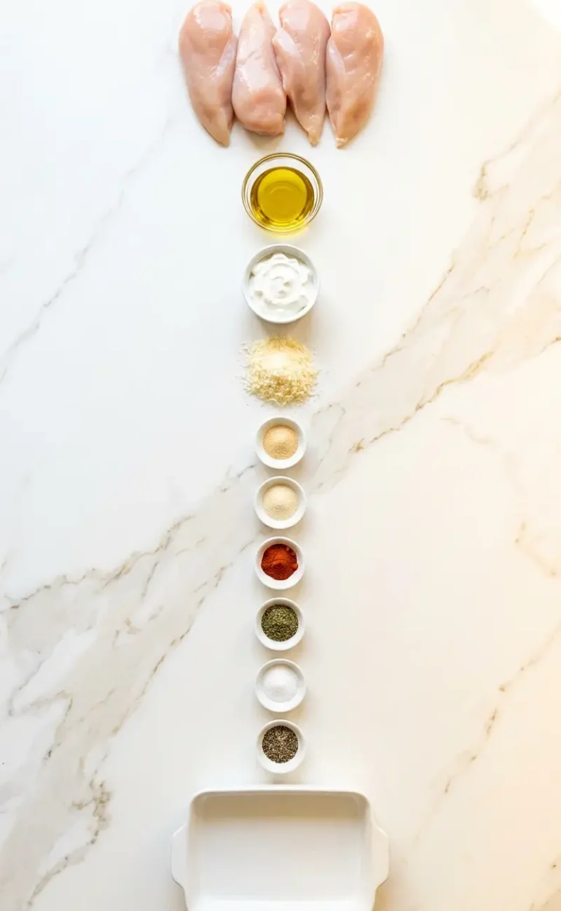 Exploded view of all 10 ingredients for melt in your mouth chicken breast arranged vertically on white marble