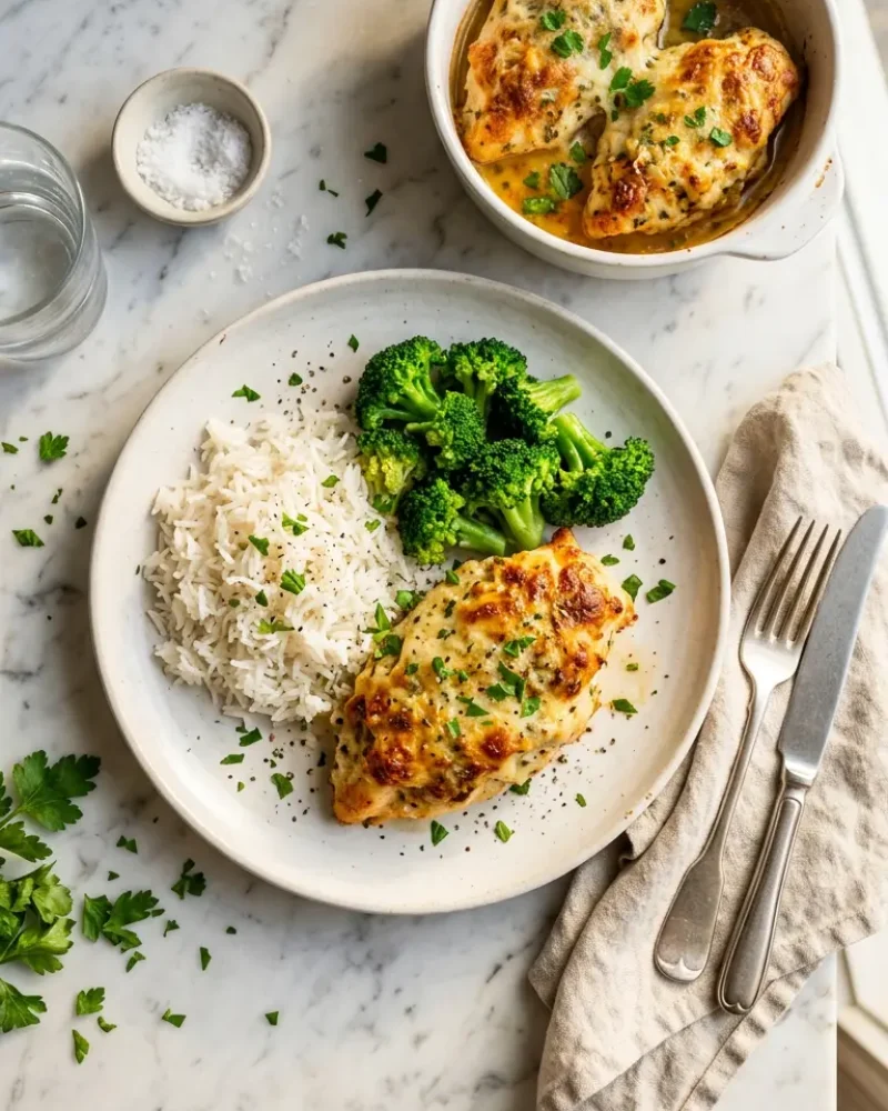 Overhead view of melt in your mouth chicken breast served with rice and broccoli on a white plate