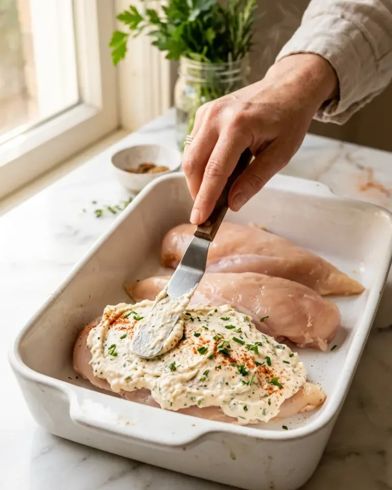 Spreading creamy Parmesan topping over raw chicken breasts in a baking dish