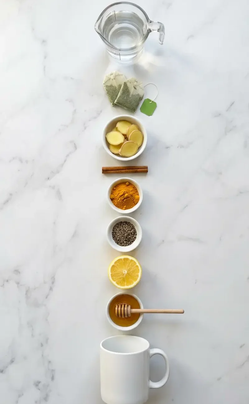 Exploded view of all 8 ingredients for metabolism boosting tea arranged vertically on white marble