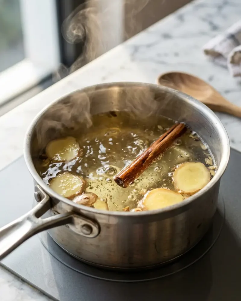 Ginger and cinnamon simmering in golden water during metabolism boosting tea preparation