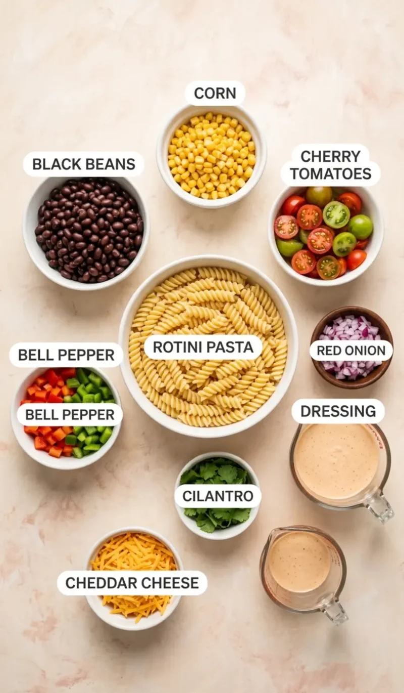 all 9 ingredients for Mexican Pasta Salad arranged on a cream and blush plaster surface