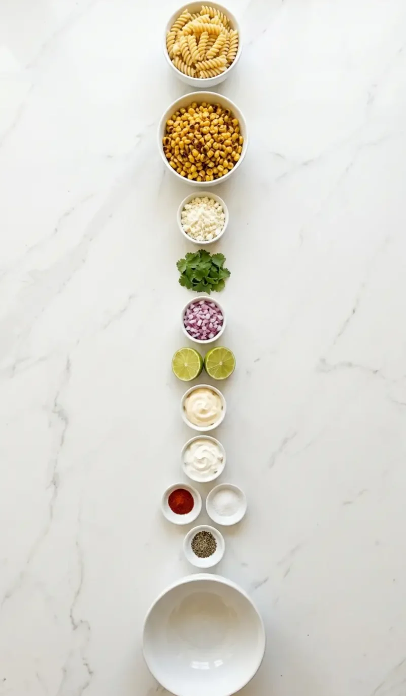 Exploded view of all 11 ingredients for Mexican Street Corn Pasta Salad arranged vertically on white marble