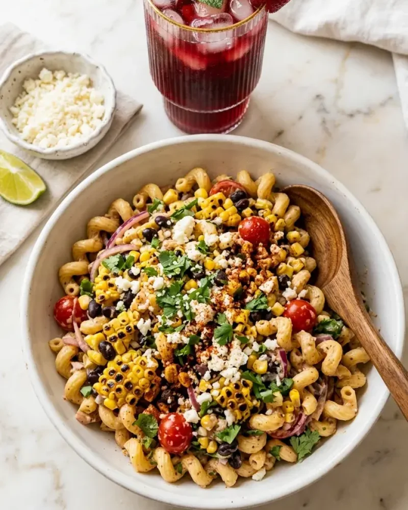 Overhead view of Mexican Street Corn Pasta Salad with serving spoon, lime wedges, and a glass of tart cherry mocktail