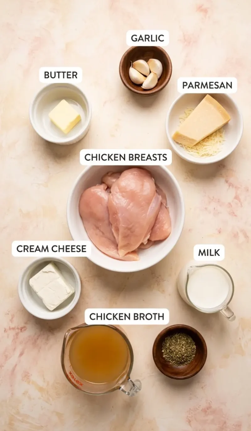 Labelled overhead flatlay of all 8 ingredients for million dollar chicken creamy garlic parmesan on a cream and blush plaster surface