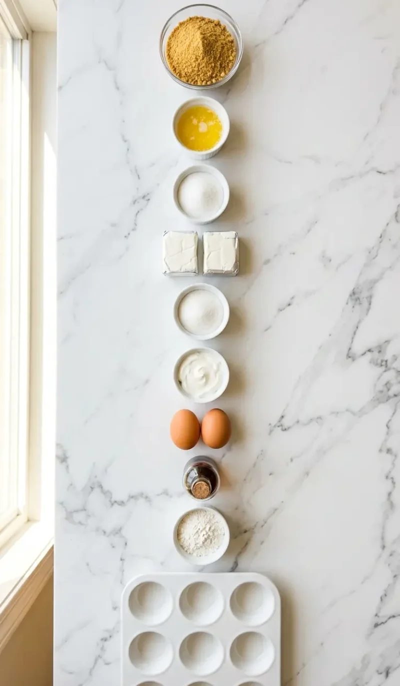 exploded view of all 10 ingredients for mini cheesecakes arranged vertically on white marble