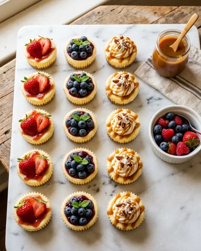 overhead view of 12 mini cheesecakes with assorted toppings on white marble board
