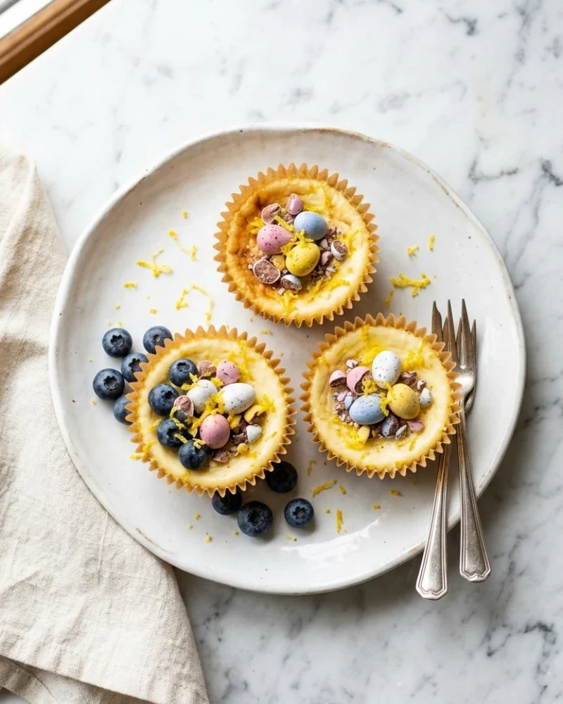 Overhead view of mini egg cheesecakes with lemon zest and berries ready to serve.