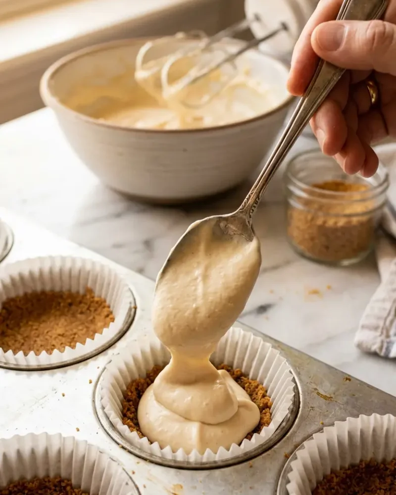 Creamy filling being spooned into muffin cup for mini egg cheesecake preparation