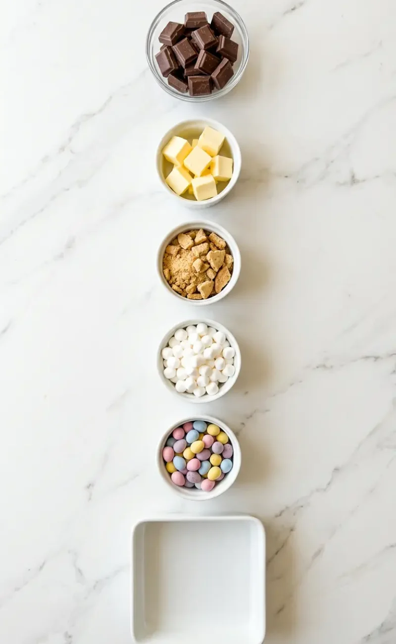 Exploded view of all 5 ingredients for Mini Egg Rocky Road arranged vertically on white marble