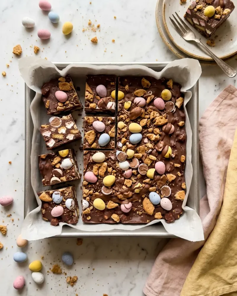 Overhead view of Mini Egg Rocky Road slab in tin with scattered Mini Eggs on white marble