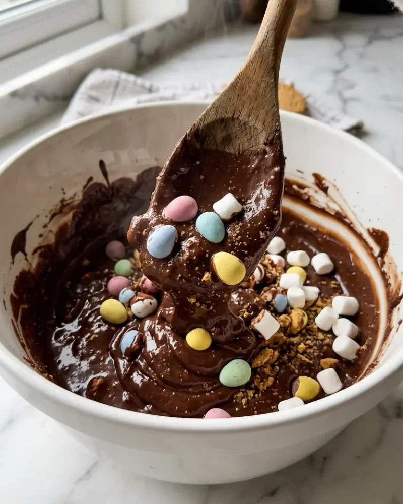 Folding Mini Eggs and marshmallows into melted chocolate mixture during Mini Egg Rocky Road preparation