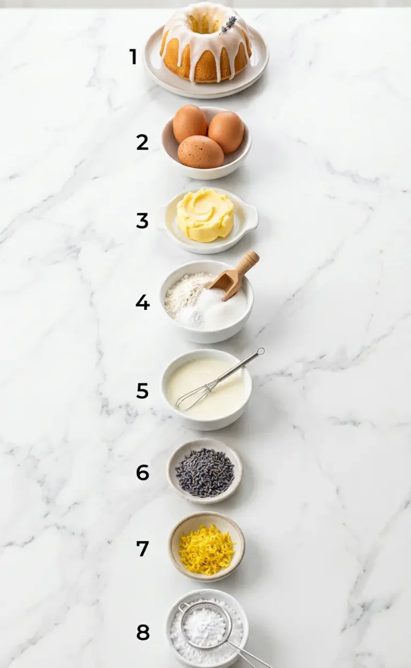 Exploded view of all ingredients for mini lemon cakes with lavender glaze arranged vertically
