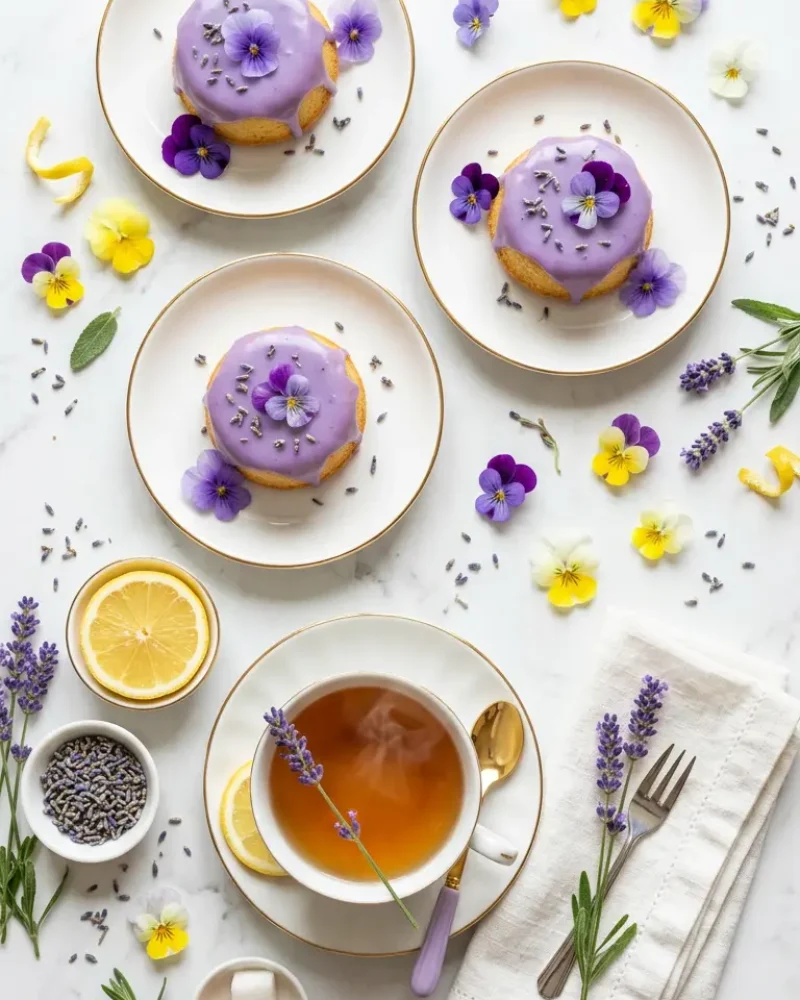 Overhead view of mini lemon cakes with lavender glaze served with tea and accompaniments